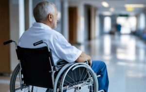 Caregiver helps an older resident walk safely through an assisted living hallway.