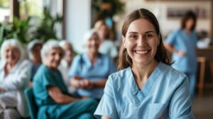 Caregiver and senior resident reviewing a personalized care plan at a table with notes and a calendar.